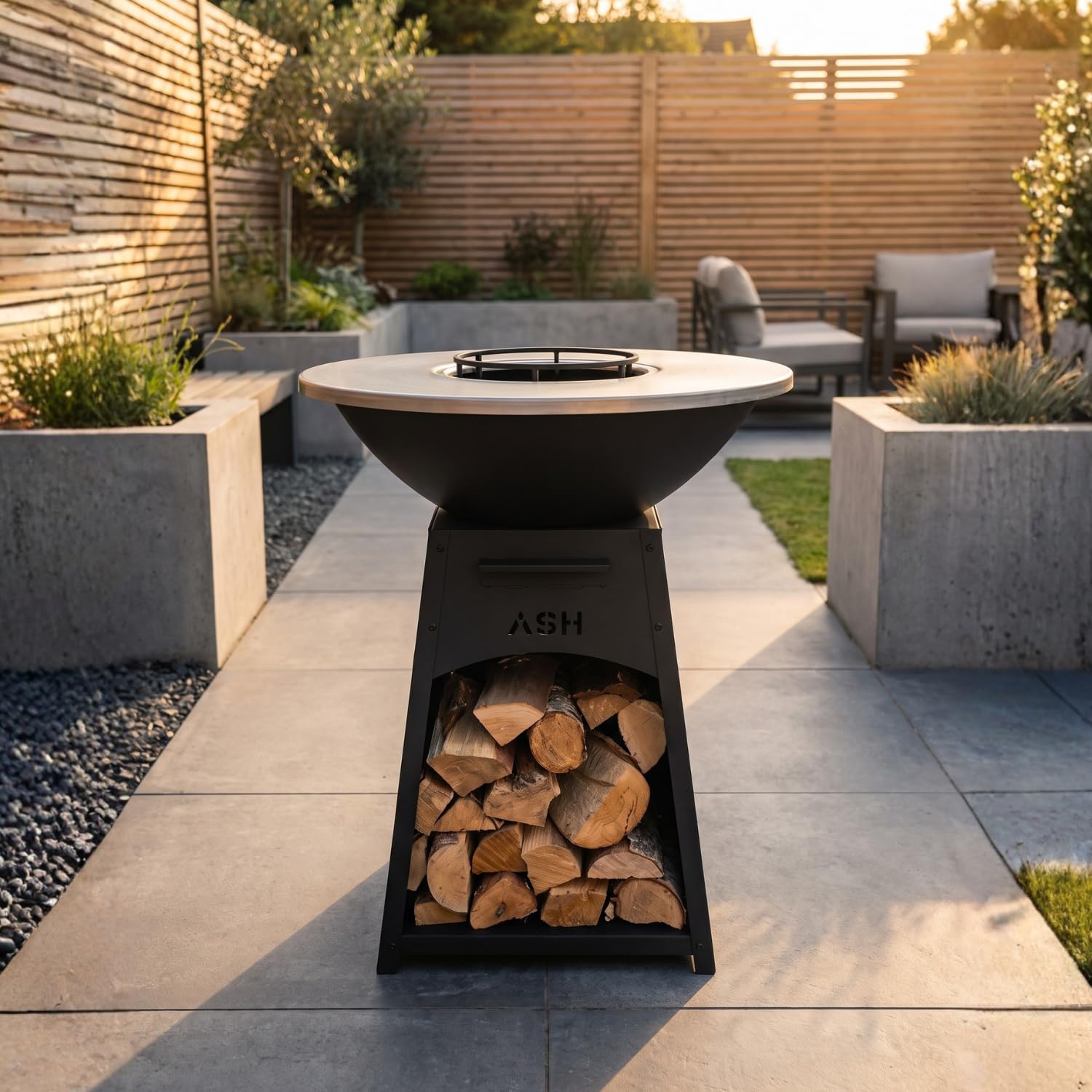 Plancha - BBQ - Grill - ASH NOVA XL - Plaque de Brasero - Barbecue Noir - Outdoor - Cheminée de Jardin - Rangement Bois - Aspect Luxe
