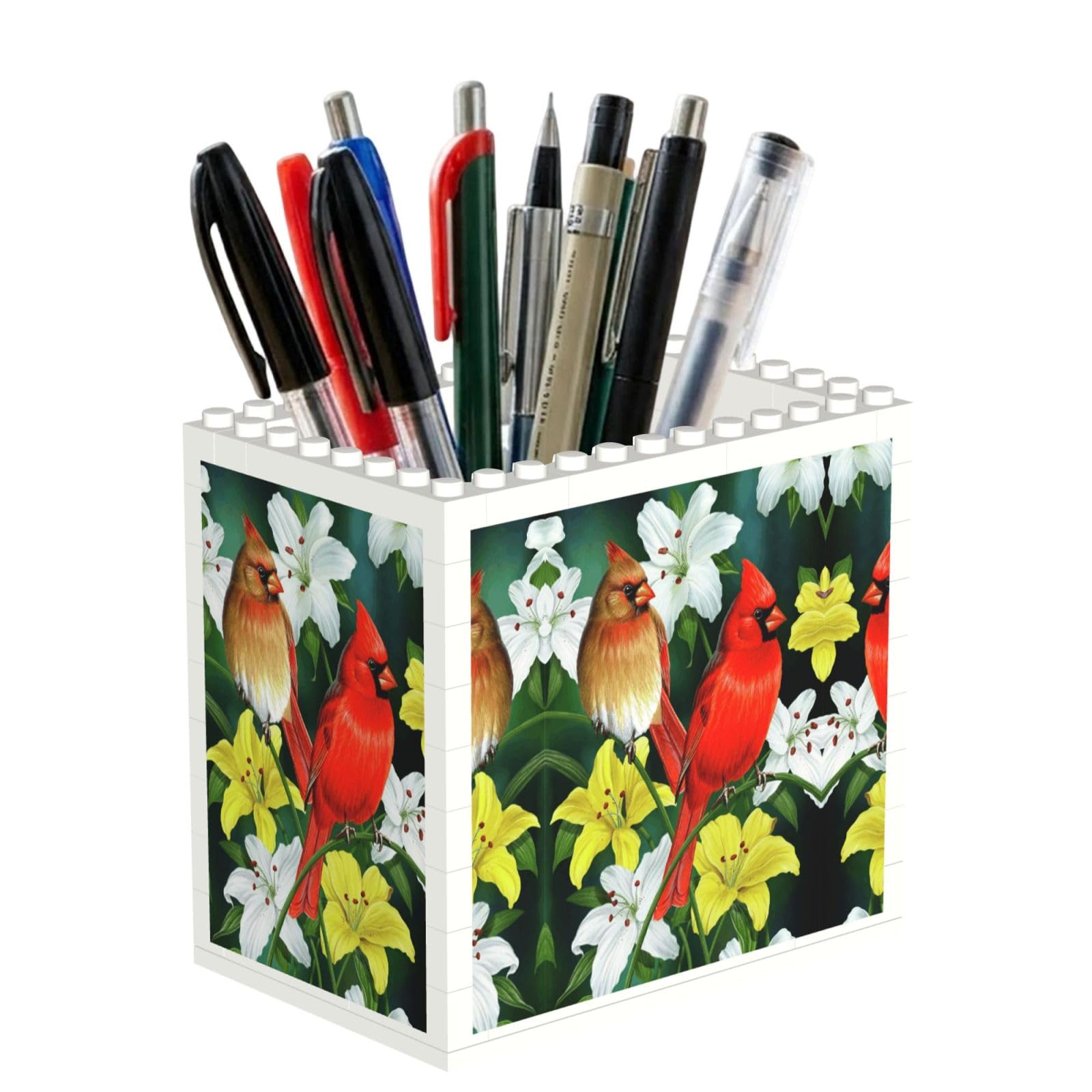 SATUSA Birds With Flowers Print Building Block Texture Pen Holder - Pencil Holder For Desk Pen Organizer,Aesthetic Desk Accessories For Women(1pcs)