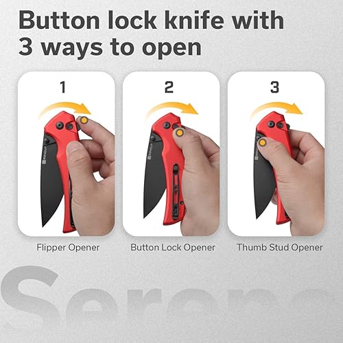 Miniatura 10 de SENCUT Navaja de bolsillo con bloqueo de botón para EDC, Serene, cuchillo plegable, espárrago y abridor de aletas, mango de aluminio con hoja D2