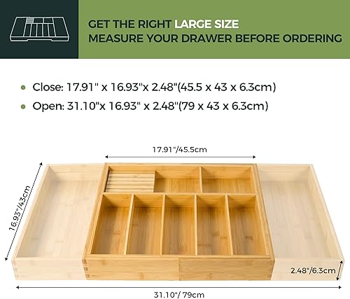 Miniatura 2 de VaeFae Soporte para utensilios de cocina extra grande, organizador de cajones de cubiertos de bambú, organizador de cubiertos expandible con bloque