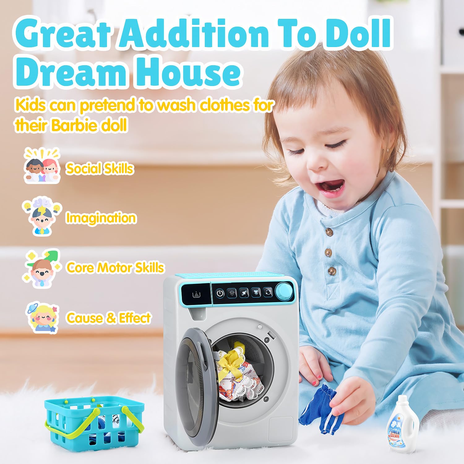 Lavadora de juguetes para niños, dispositivo de juego realista para niñas, muebles interactivos de casa de muñecas, juego de lavadora y secadora con tambor giratorio, efectos de luz y sonido, juego de 2