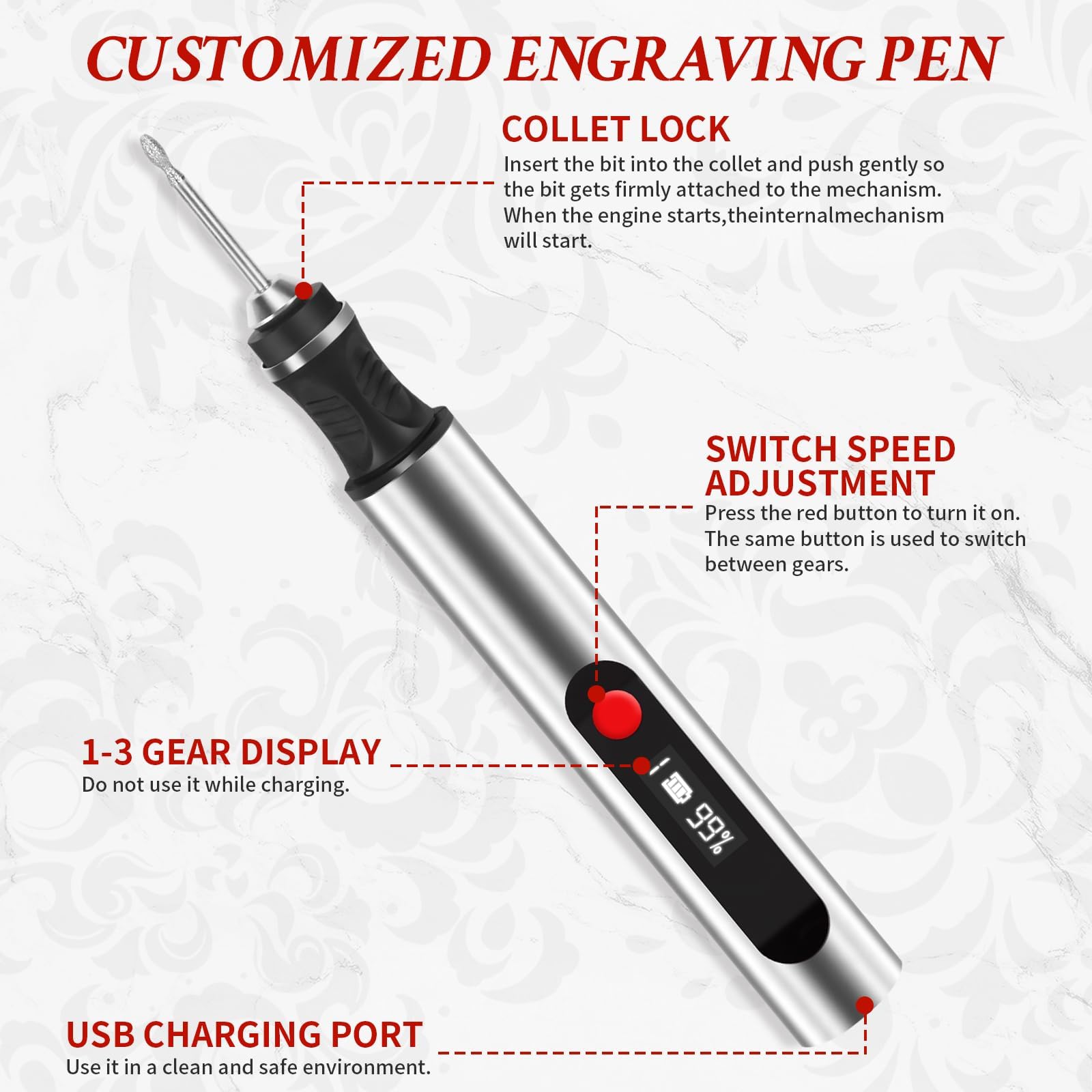 Penna Incisore zengraver, Portatile Senza Fili Engraving Pen, Include 30 Punte e 16 Stencil, Penna per Incisione Incidere Oltre 50 Superfici, Adatta ai Principianti, Ricaricabile (SILVER)