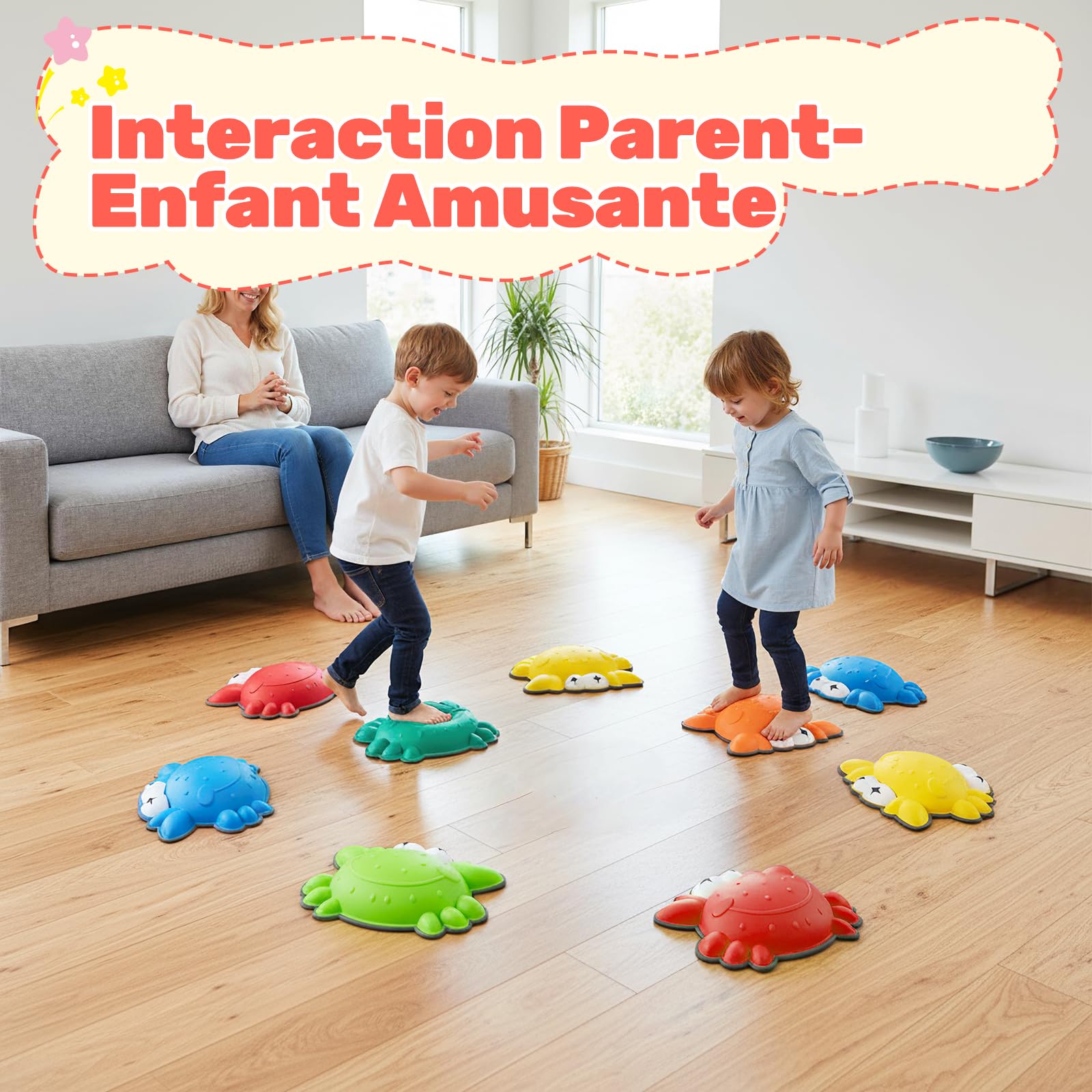 COSTWAY 9 Pierres d'équilibre Empilables Enfant en Forme Crabe avec Bord TPE, Parcours Motricité Enfant avec Motif Antidérapant, Jouet Sensoriel Intérieur & Extérieur, Charge 80kg pour 3 Ans+