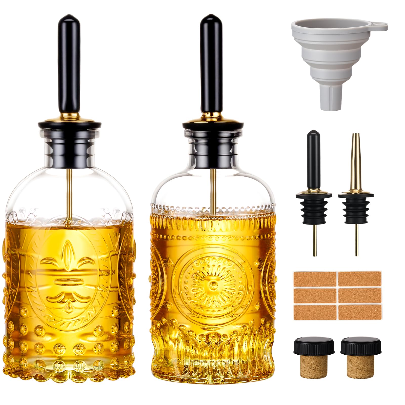 Baalaka Botella dispensadora de aceite de oliva para cocina con boquilla de metal, botellas de aceite de vidrio de 7 onzas, elegante dispensador de aceite de cocina de vidrio para jugo de cocina,