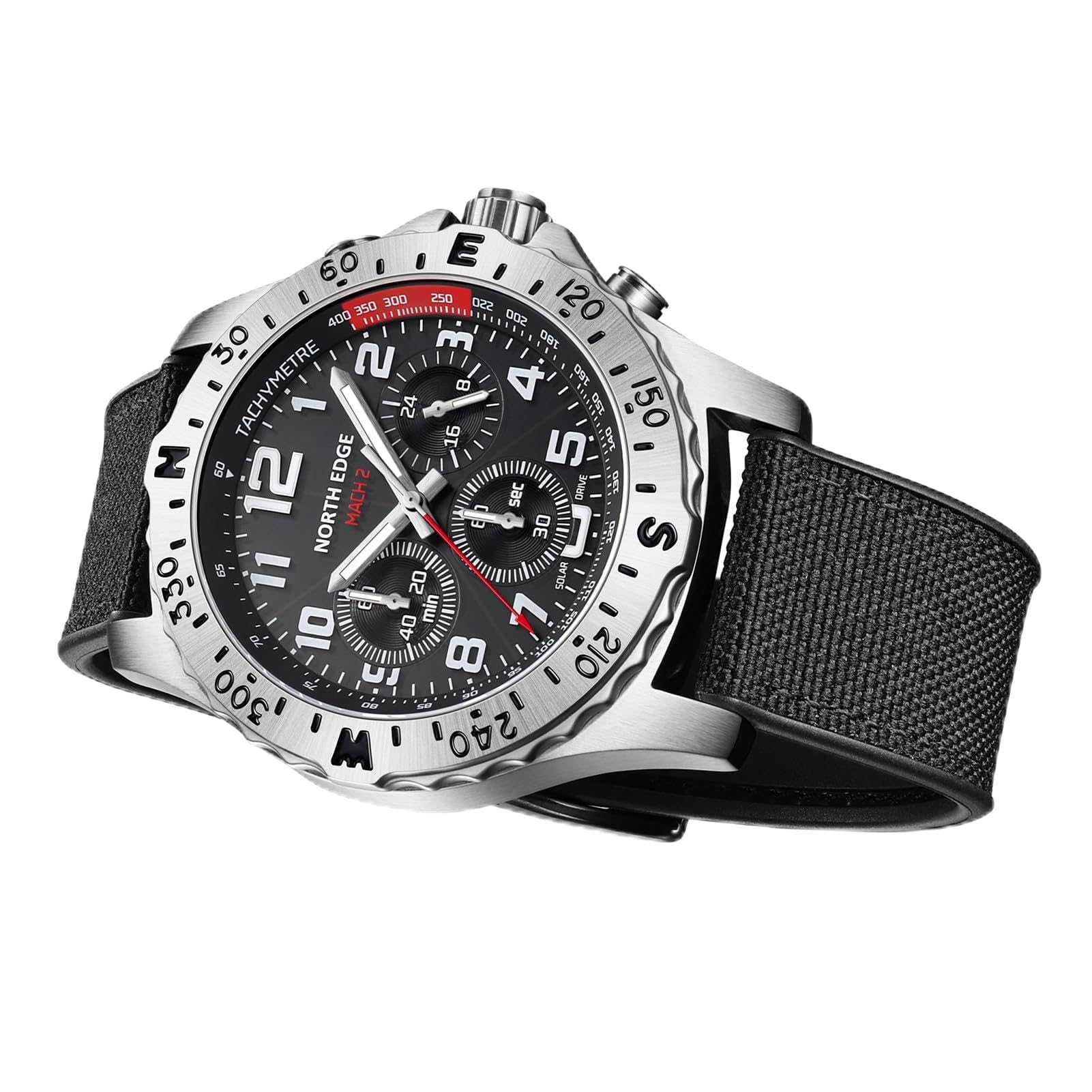 ERYUE Męski Chronograf Typu Pilot Zasilany energią słoneczną, ze 180-dniową rezerwą Chodu i świecącymi Wskazówkami do Aktywności na świeżym Powietrzu Zegarek ze Stali Nierdzewnej do Sportów Wodnych