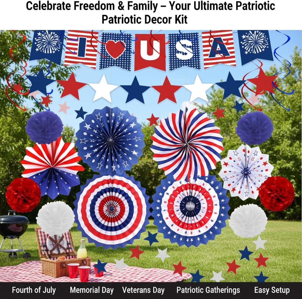 26 Pcs Red White and Blue Decorations,4th of July USA Decorations, Patriotic Party Paper Fans Pom Poms Hanging Swirls for Independence Veterans Labor Presidents Flag Memorial Day