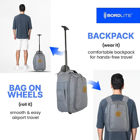 Bordlite Ryanair Cabin Approved Wheeled Backpack 40x25x20cm – 2 in 1 Lightweight Trolley Bag & Rucksack on Wheels (20L) Underseat Hand Luggage for Travel, Business, Weekend Trips - Grey