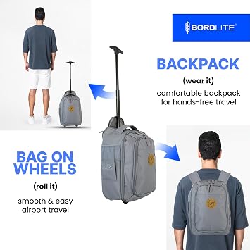 Bordlite Ryanair Cabin Approved Wheeled Backpack 40x25x20cm – 2 in 1 Lightweight Trolley Bag & Rucksack on Wheels (20L) Underseat Hand Luggage for Travel, Business, Weekend Trips - Grey
