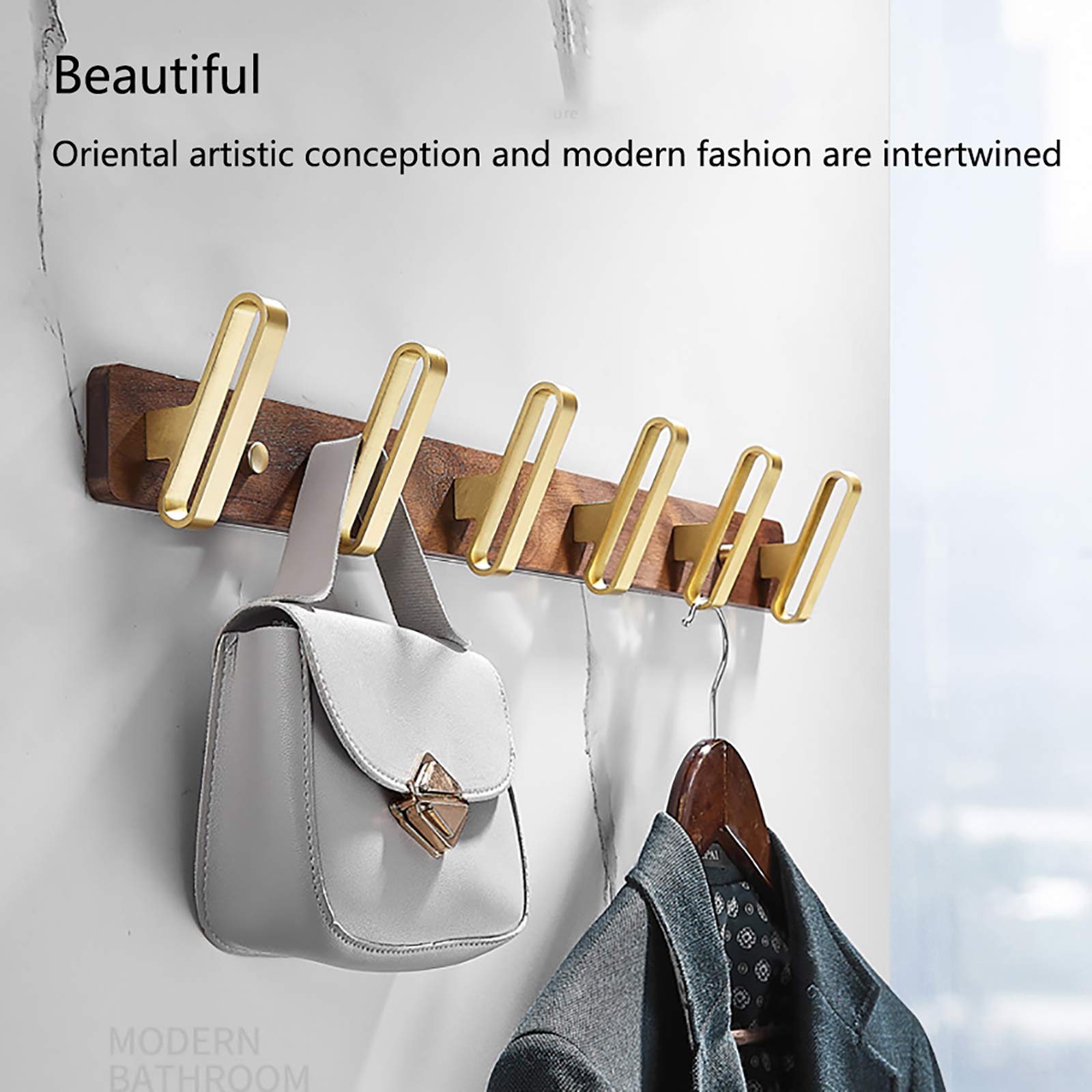 Handtuchhaken Gebürstetes Gold Kleiderhaken Wandhaken Hakenleiste Walnuss + Aluminium Mantelhaken, Garderobenhaken für Küche, Büro, Bad, Schraube Installation,5 hooks