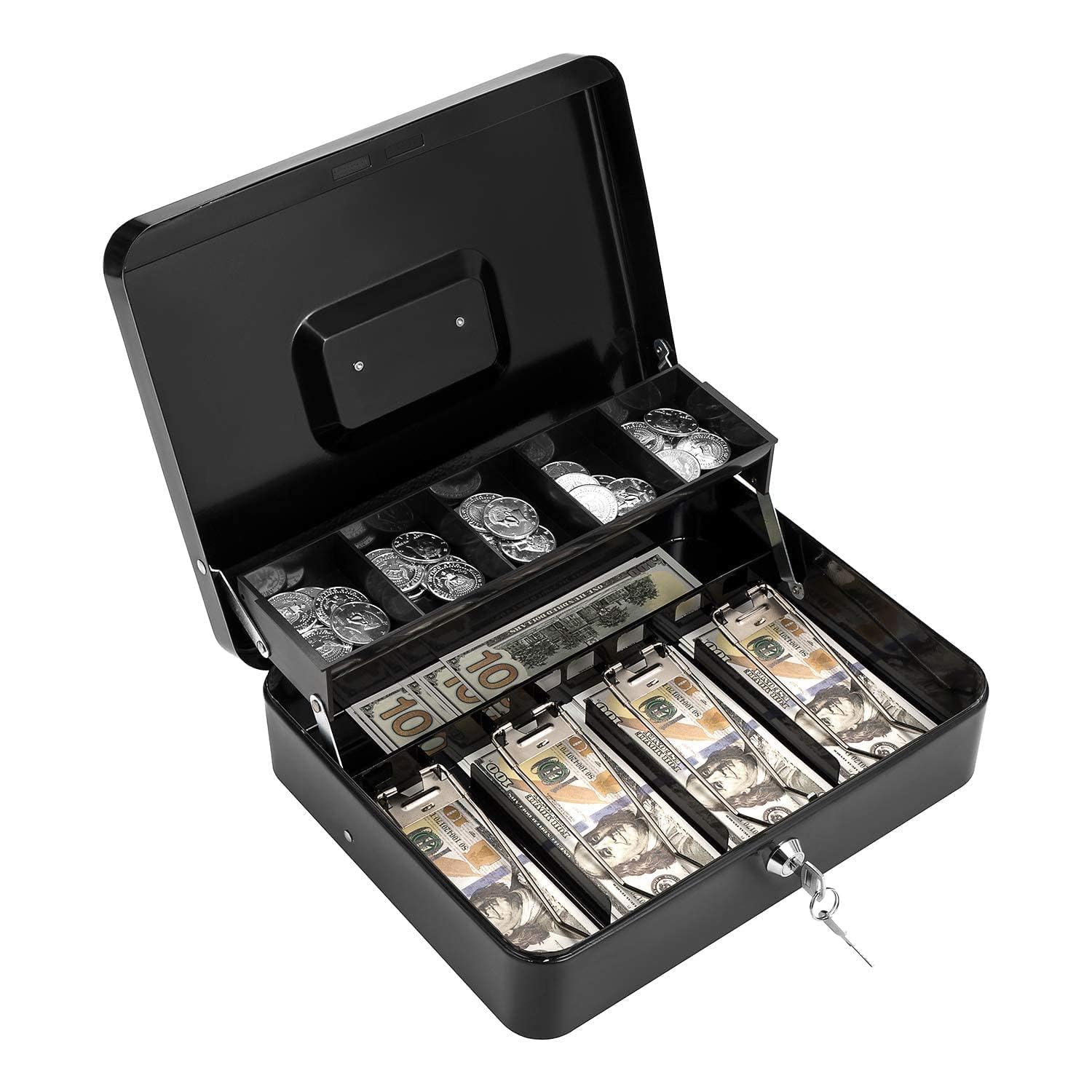 Cash Box with Key Lock Double Layer Safe Cash Box Money Saving Organizer with Removable Cash Tray Large Cash Storage Box for Home Office Shop Business 30x24x9 cm-image-44
