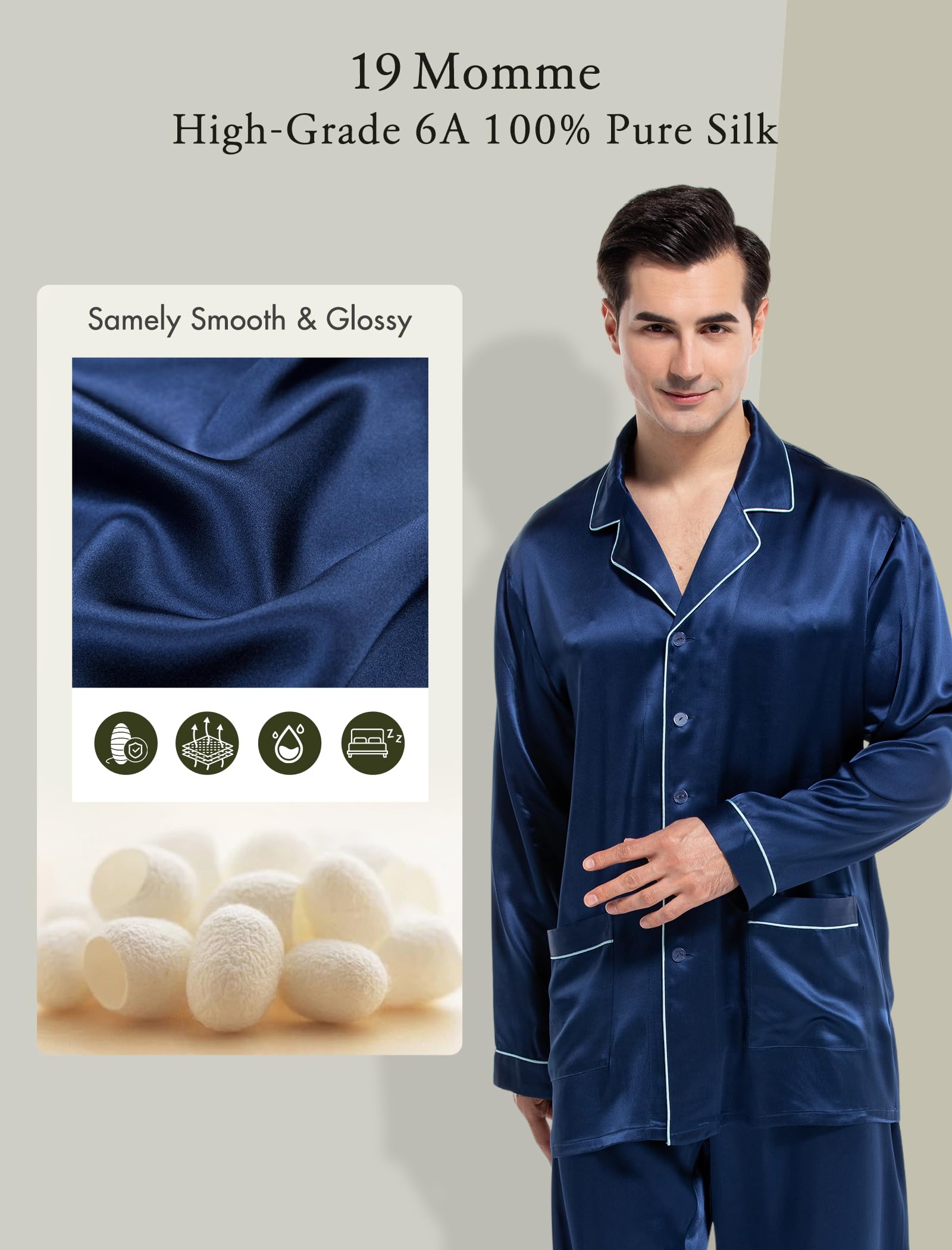 Cold POSH Men's Silk Pajamas Set Long Sleeve 2PC Luxury Silk Sleepwear Button-Down PJ Set