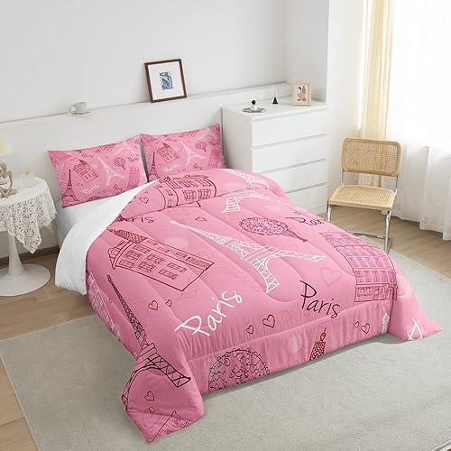 Miniatura 4 de Manfei Juego de edredón romántico de plumón de París, tamaño Queen, Torre Eiffel emblemática estilo francés, colección de cama suave, edredón rojo