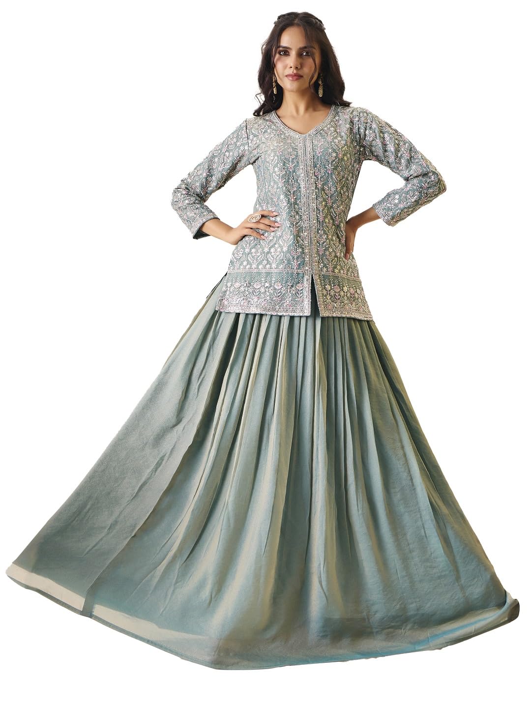 Women'S Silk Top Skirt Set for Women V-Neck Embroidered Ethnic Wear Dress(M-2566 Green)-image-11