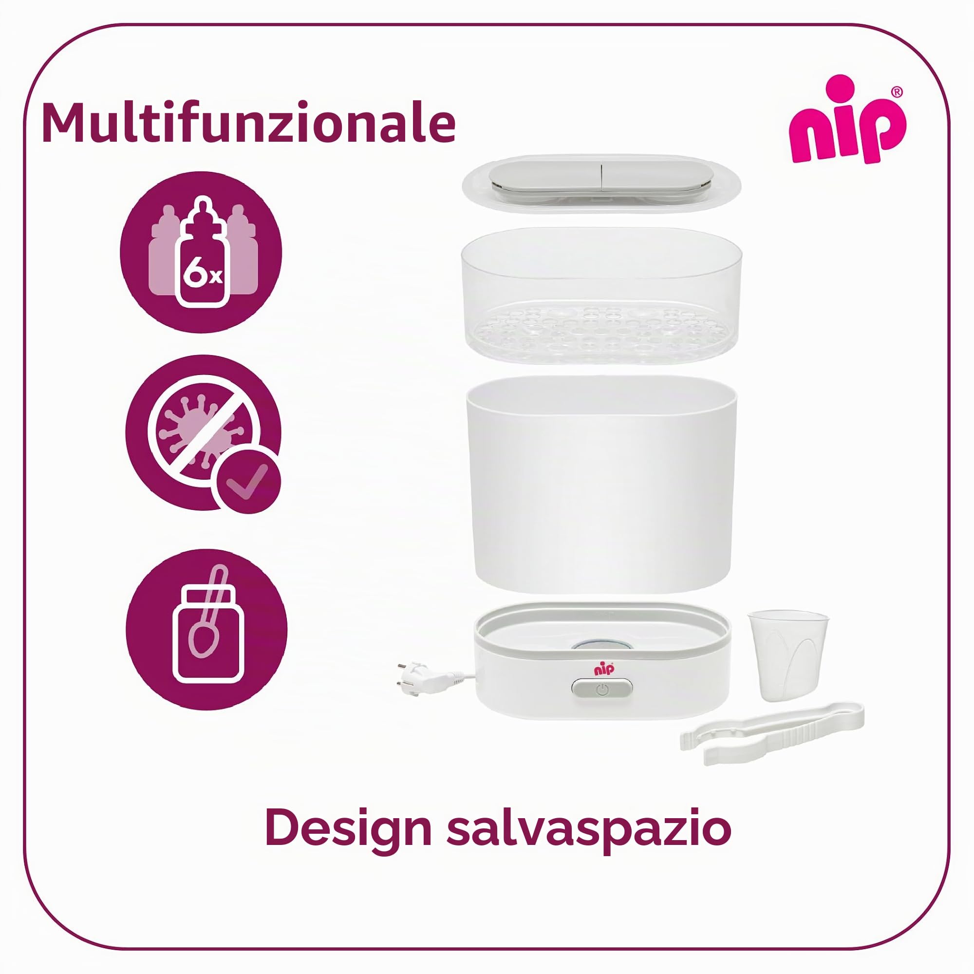 NIP Biberon sterilizzatore: vaporizzatore per fino a 6 bottiglie, ciuccio + accessori, sterilizzazione a vapore veloce e sicura in soli 9 minuti, con spegnimento automatico, bianco