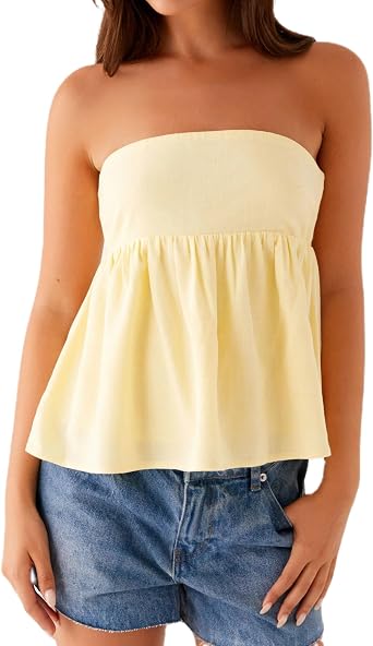 Women Y2K Strapless Tube Top Solid Color Backless Off Shoulder Ruffle Hem Bandeau Tank Top Crop Bustier Corset Vest