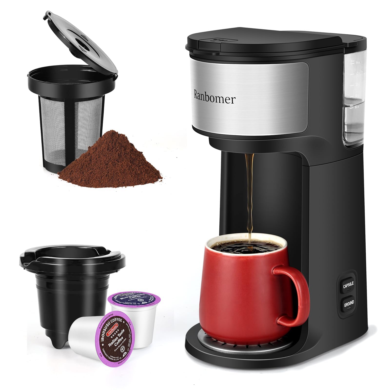 Single Serve Coffee Maker, K Cup and Ground Coffee Machine 2 in 1, 6 to 14 Oz Brew Sizes, Mini One Cup Coffee Maker with Self cleaning Function, Fits Travel Mug, Black NEW 2025.4.5