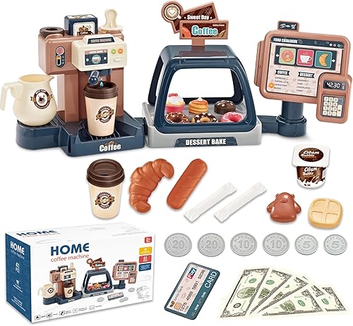 Juego de simulación, cafetera, juguete, juego de rol, cafetería, fiesta, juego con cafetera, caja registradora, juguete, comida, postre, donas,