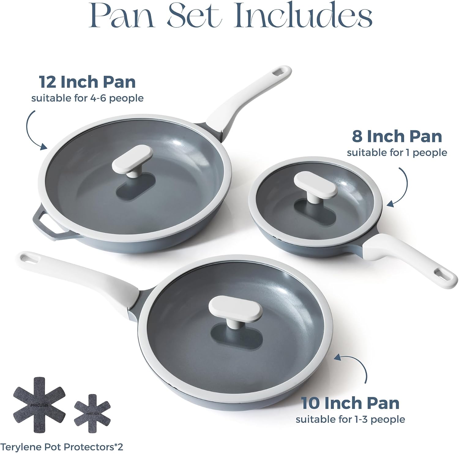 PRICUSIS 8Pcs Nonstick Ceramic Frying Pan Set with Lid, 8+10+12 Inch Induction Compatible, Stay Cool Handle, Fully Coated, 100% Dishwasher Safe, PTFE PFAS & PFOA Free Omelet Pans (Blueberry Gray