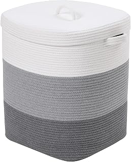22x14x18 Inch Extra Large Rectangular Rope Basket with Lid, Decorative Blanket Storage Basket, Cotton Chest with Cover for Living Room Bedroom, Light Grey & Grey