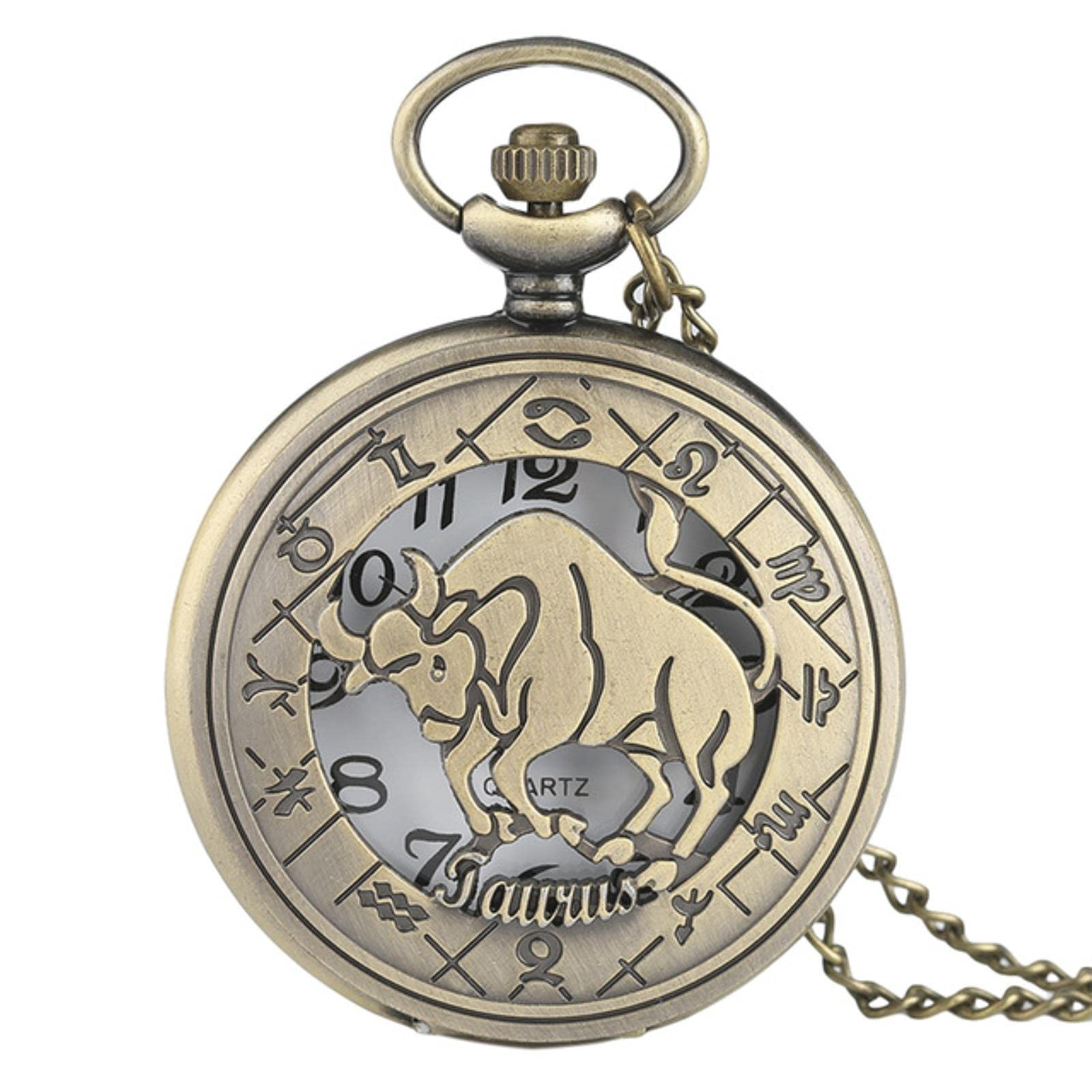 JTWMY 12 Constellation Astrology Retro Pocket Watch Bronze Necklace Pendant Hollow Flip Cover Quartz Pocket Watch-Taurus