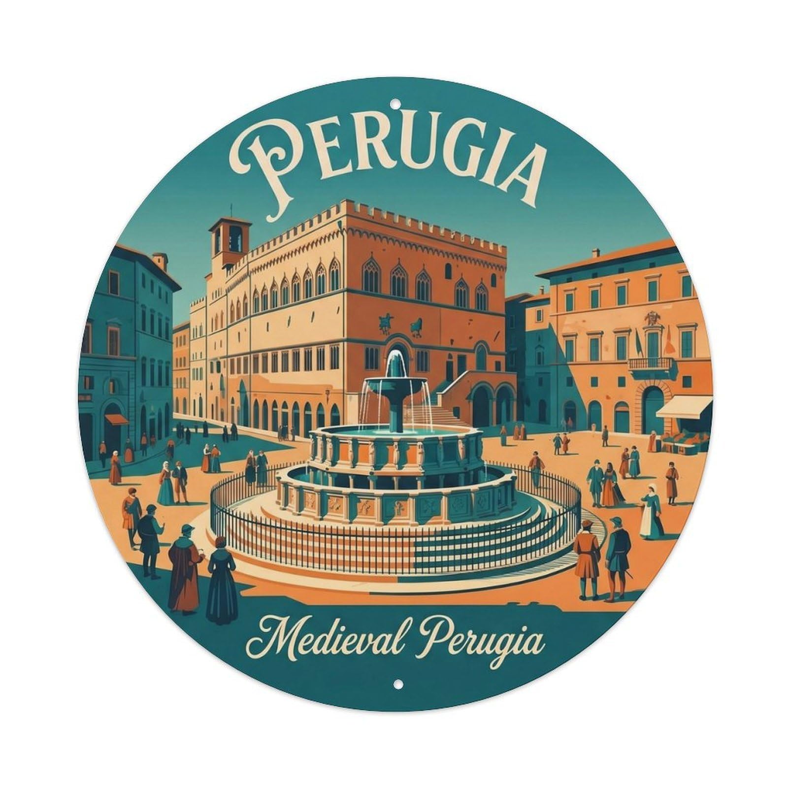 Fountain Perugia Tourism Expedition Heritage Scenic Landmark Metal Tin Sign Plaque Wall Decor for Cafe, Man Cave, Club Bar, Office, Home Garden Round Metal Poster 8x8Inch