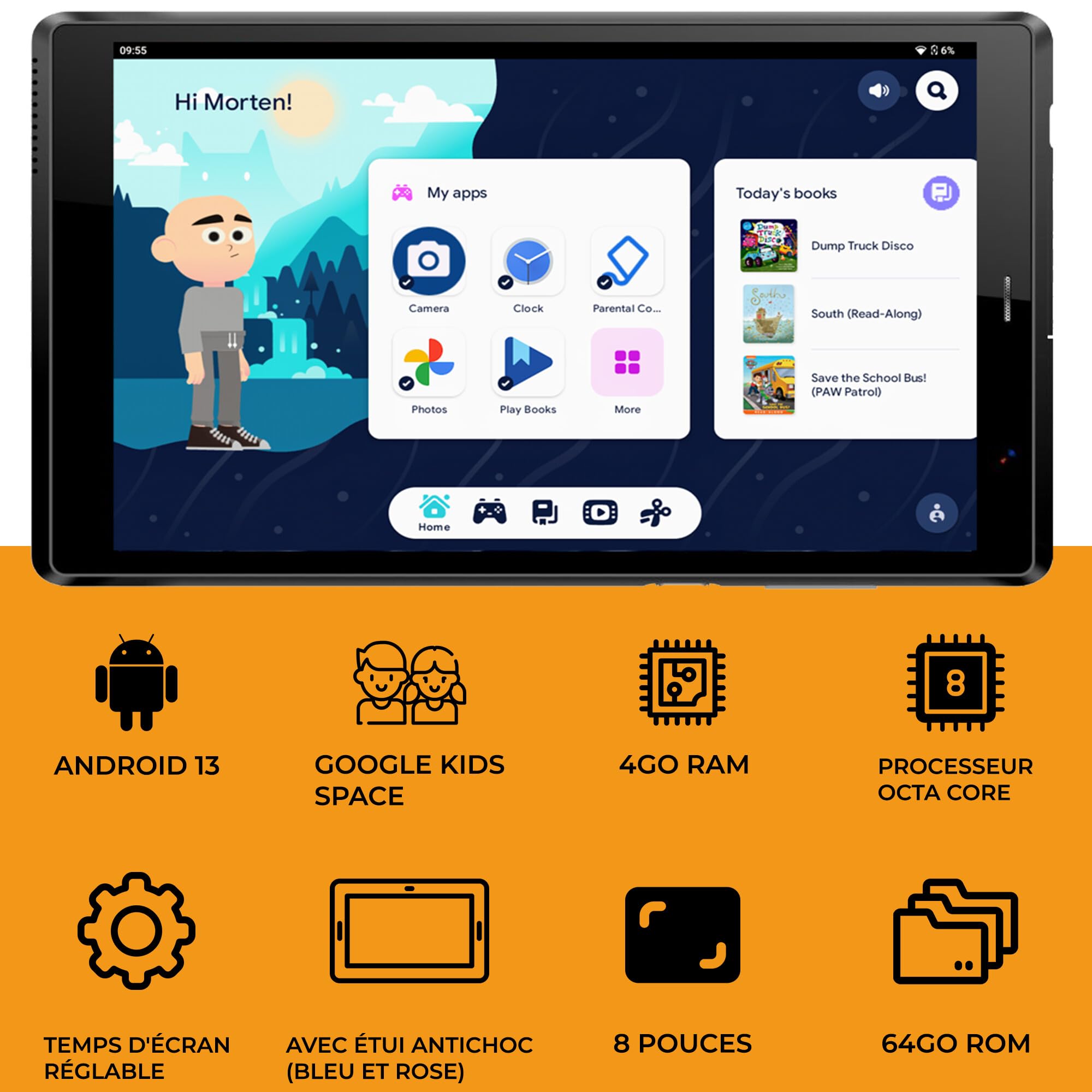 Denver Tablette Enfants 8 Pouces - Android 13 - Contrôle Parental - 4 Go RAM - 64 Go ROM - avec étui Antichoc (Bleu et Rose) - TIO80105K