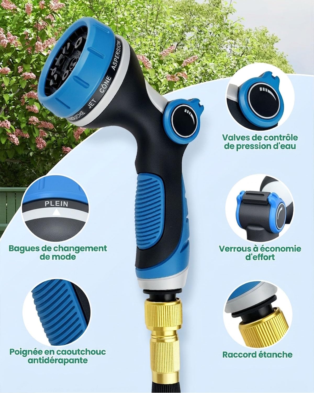 Tuyau Arrosage Extensible 15M/50FT, Tuyau Flexible Anti-Pliage Avec Pistolet À Pulvériser 10 Fonctions, Raccords En Laiton 3/4" Et 1/2", Tuyau Jardin Léger Pour Arrosage, Lavage Et Entretien