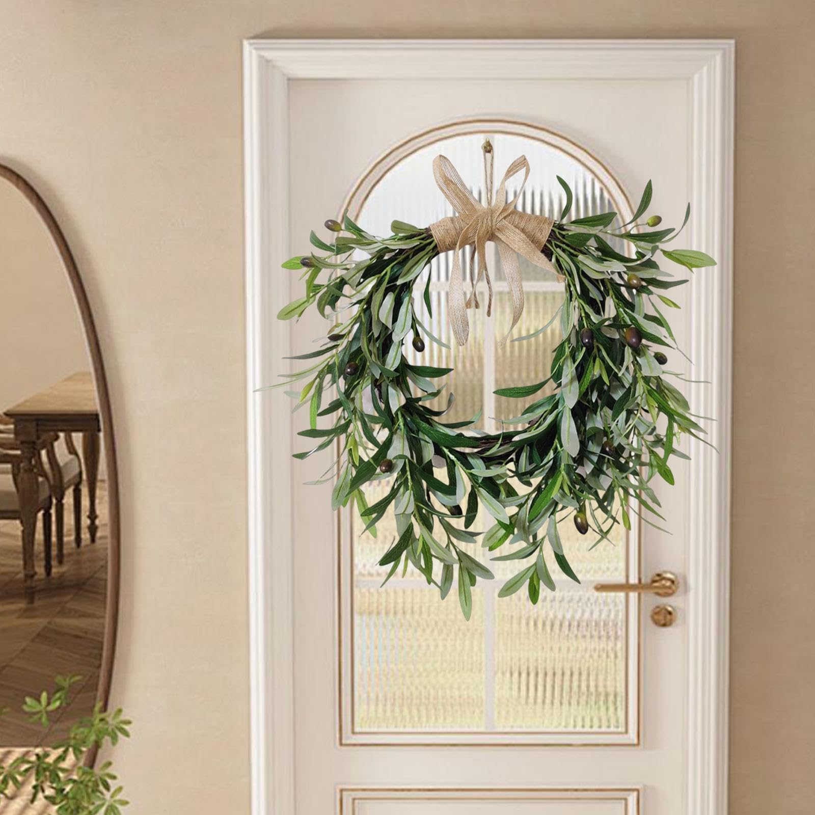Künstlicher Olivenkranz Grünkranz Dekokranz Wandbehang Frühlingskranz mit Realistischer Optik Ohne Verwelken Aus für Feste Und Als Wandsch, 50cmx48cm