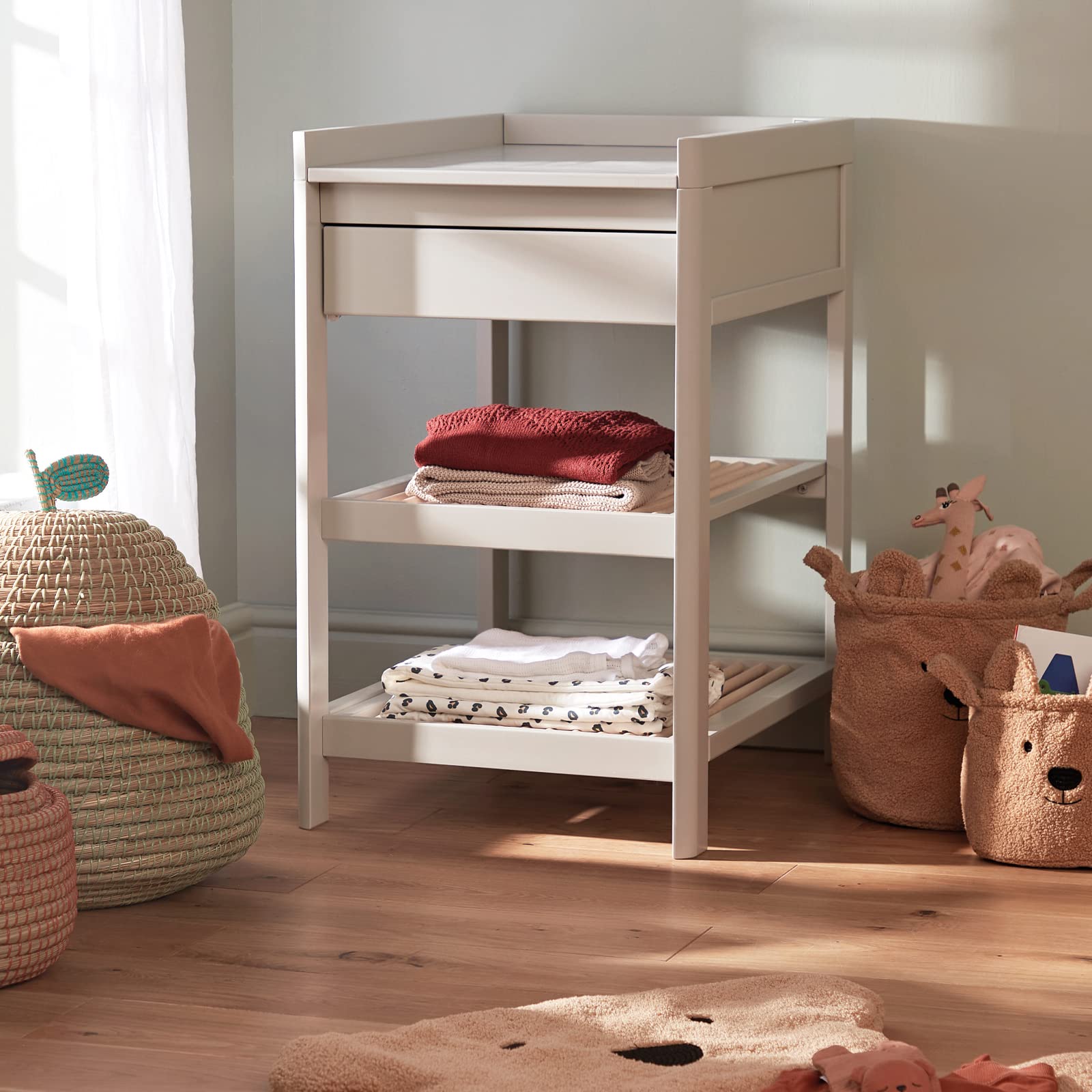 Troll Lukas Baby Changing Table with Storage Drawer - Scandinavian Wooden Open Changing Unit - Scandi Nursery Furniture - Soft Grey