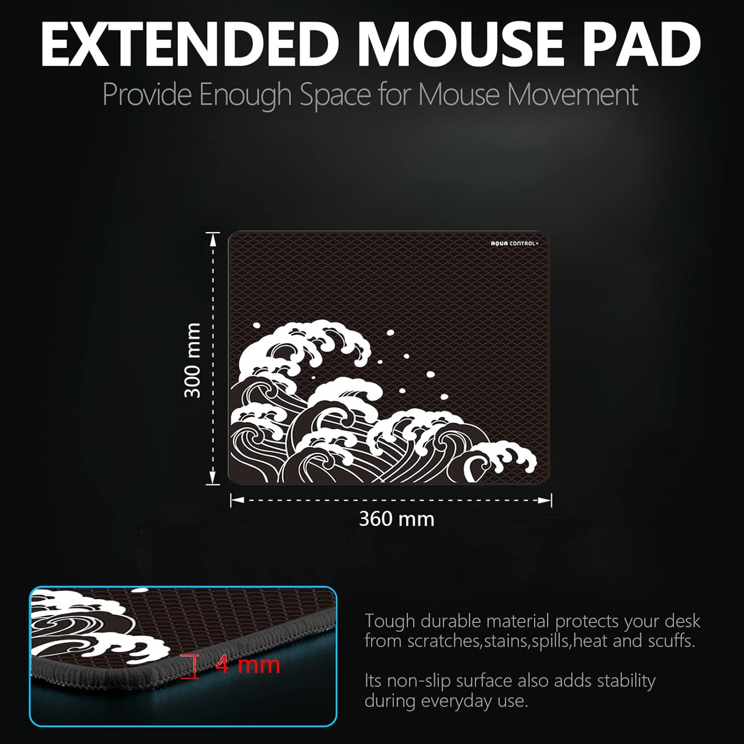 Diagram showing the dimensions of the X-Raypad Aqua Control Plus mouse pad as 360mm x 300mm with a 4mm thickness, highlighting its extended size and durable material.
