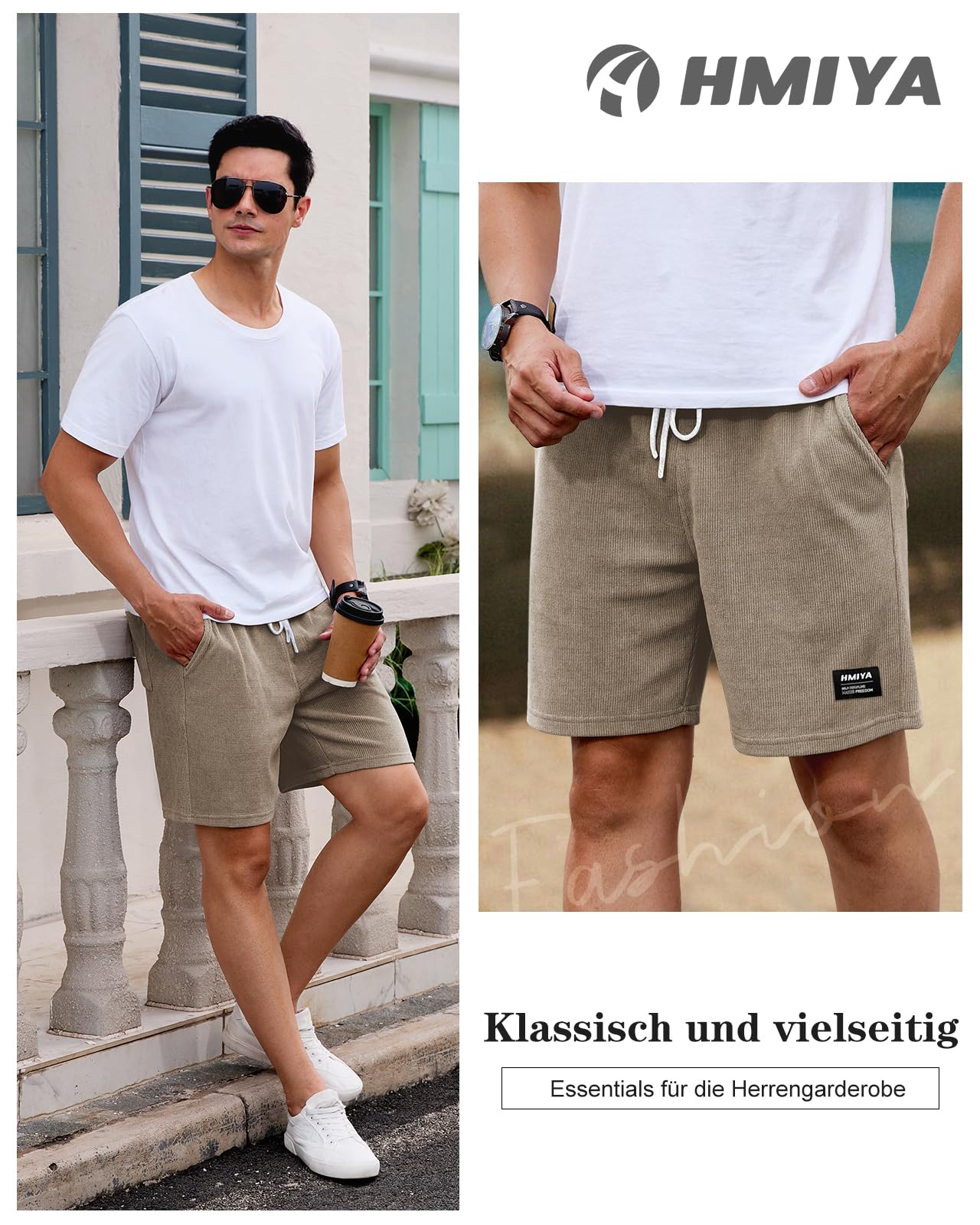 HMIYA Corduroy Shorts Herren Kurze Hosen Sommer Bermuda Freizeitshorts Baumwolle Elastische Taille mit Taschen