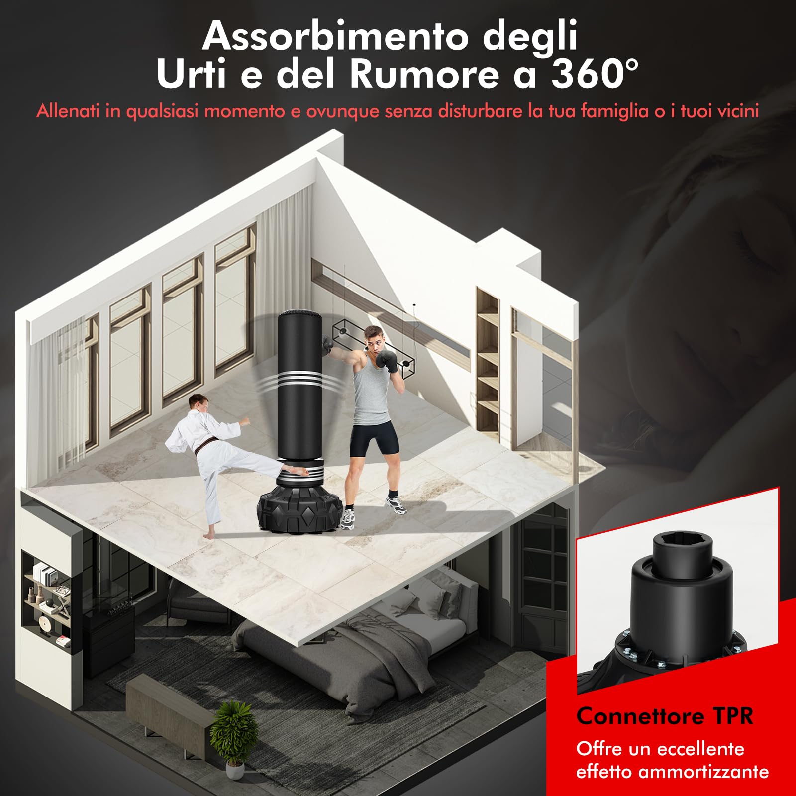 COSTWAY Sacco da Boxe da Terra Professionale con Area per Calci, Sacco Kick Boxing Autoportante con Base Riempibile da Sabbia e Acqua, 12 Ventose in Gomma e Struttura Multistrato