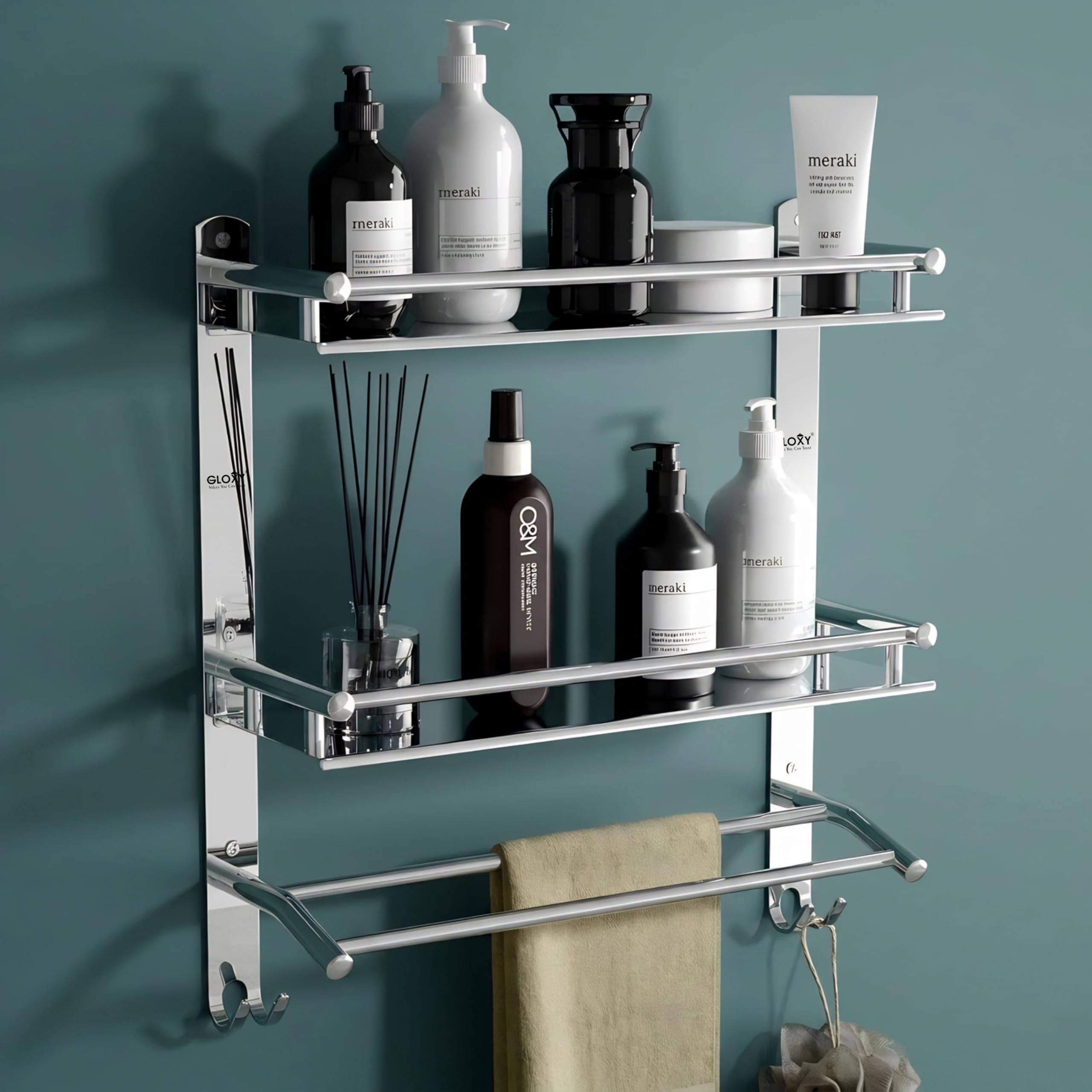 GLOXY Stainless Steel Washroom Storage Organizer | Double Layer Wall Mounted Bathroom Shelf with Towel Rod | Bathroom Accessories for Storage and Organization โ Chrome Finish (15W x 5D x 18H in)