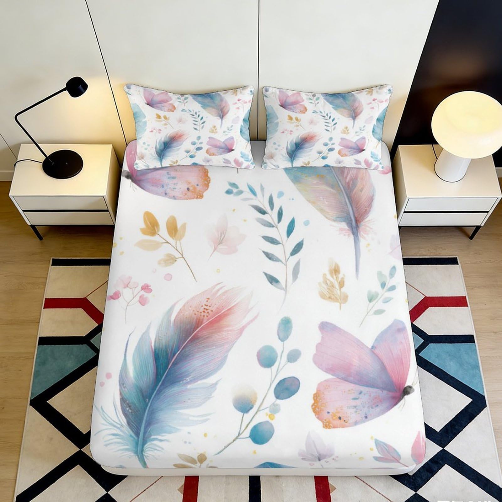 3D Printed Feather Pattern Fitted Sheet Microfiber Soft Breathable Butterfly Bed Cover for Bedroom Dormitory Guest Room Mattress Protection Decor 90x200x25cm
