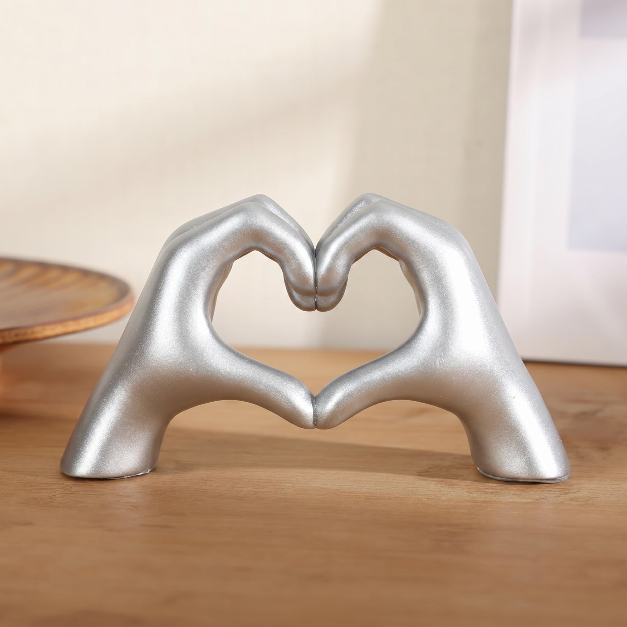 Zirax Silver Heart Hands Sculpture, Small Hand Love Gesture Statue for Home Decor, Romantic Ornaments for Living Room Bedroom Shelves, Wedding