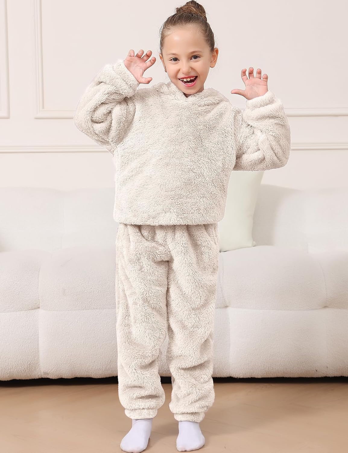 COZYPOIN Girls Fuzzy 2 Piece Outfits Sweatsuit Warm Bear Ear Fleece Hoodie Sweatshirt and Pants Cute Kids Clothing Sets - Image 2
