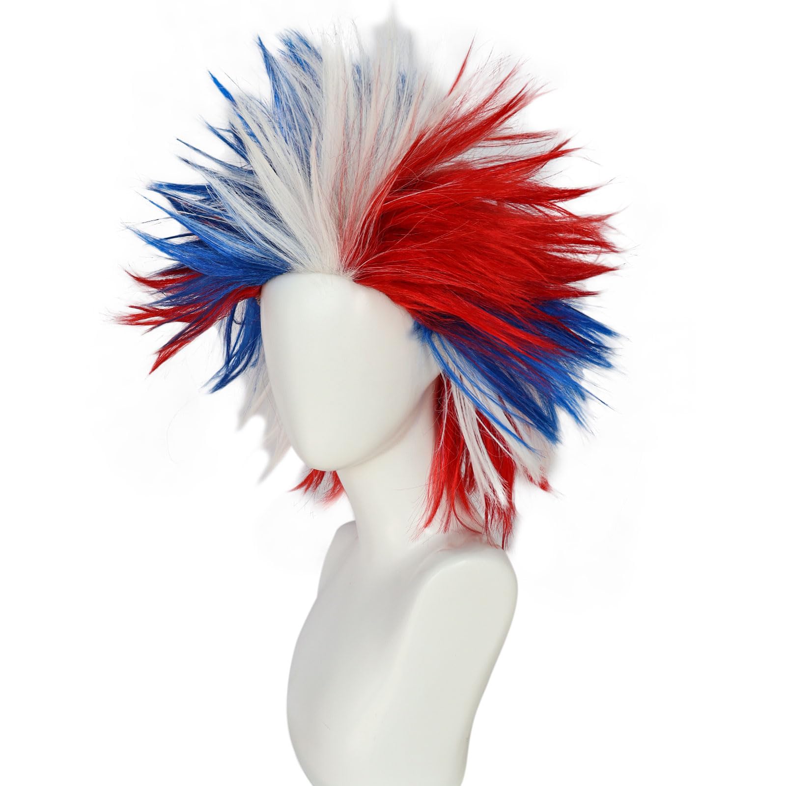 BECULINA Red White Blue Spiky Wigs +Hair Cap Synthetic Short Colorful Funny Crazy Wig for Celebrations Themed Party Football Sports Fan Wigs for Adults Men Women Halloween Costume Cosplay Outfit - Image 3