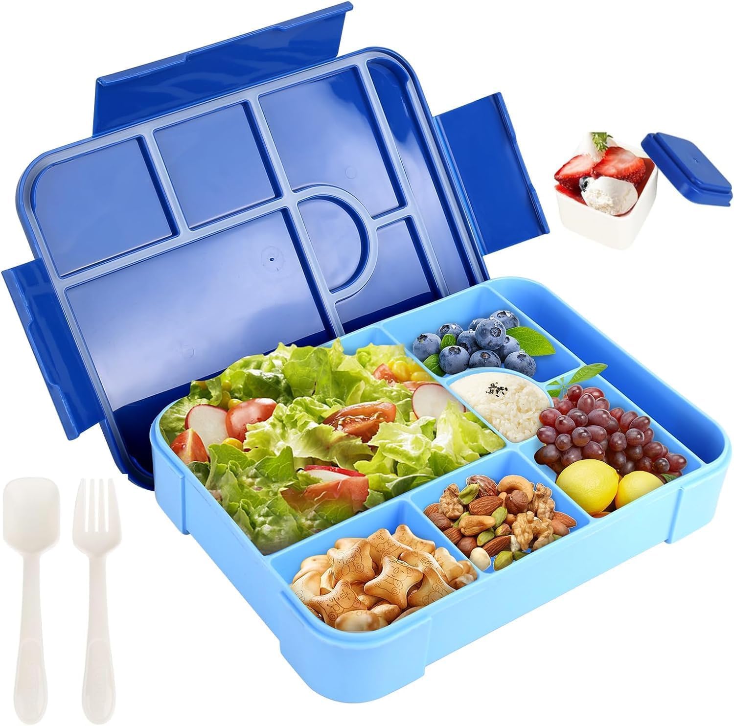 Lunch Box, Bento Box | 7 Compartments Lunch Box | 1330ML With Utensils and Sauce Bowl | Leak Proof, Microwave Dishwasher Freezer Safe | Children's Snack Box, School Lunch Box (Blue)