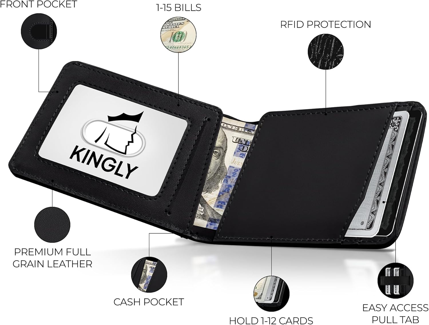 Kingly Cash Pocket Slim Wallet for Men - RFID Blocking Leather Card Holder - Minimalist Men’s Wallet for Front Pockets - Holds 1-15 Cards & Cash - Durable Italian Leather Wallets - Image 2