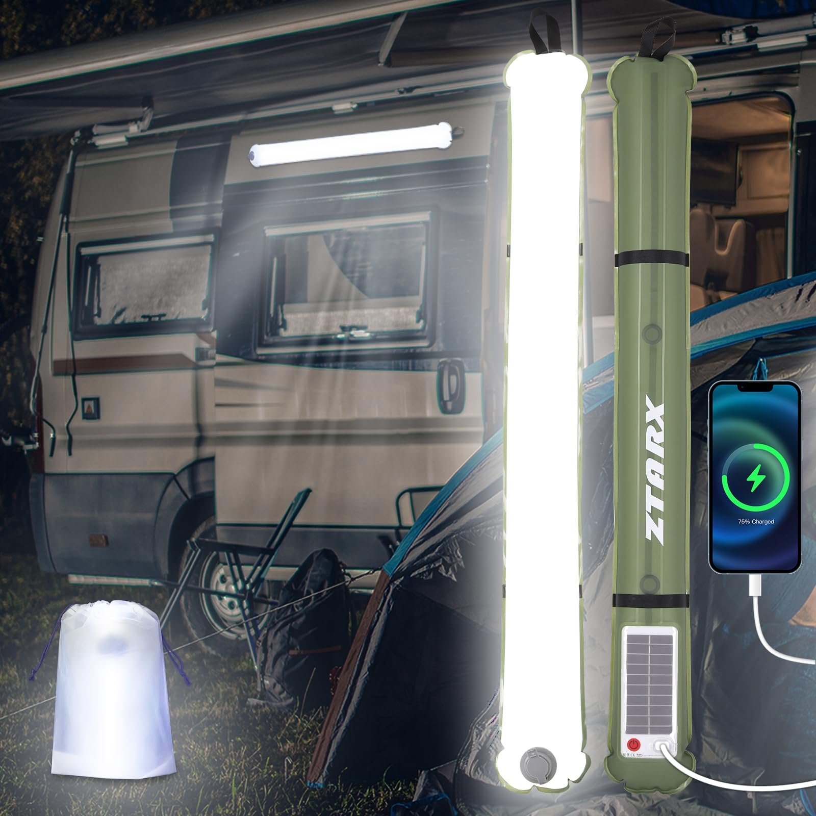 85cm Solar Camping Lights Rechargeable 4000mAh Foldable Inflatable Outdoor IP66 Waterproof Camping Lights for Camping Hiking Travel and More