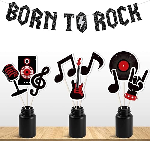 Miniatura 6 de Banner con purpurina Born to Rock con guirnalda de notas musicales, decoraciones de fiesta de rock and roll de los años 50, tema musical,