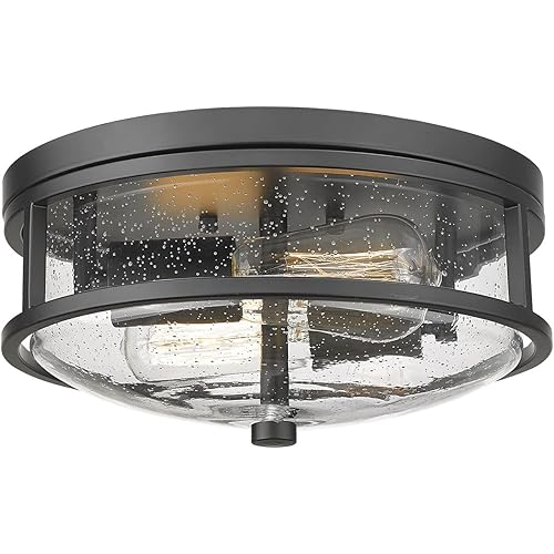 Flush Mount Ceiling Light Fixture, 12 Inch 2-Light Modern Farmhouse Semi Ceiling Light with Seeded Glass for Bedroom, Entryway, Kitchen, Hallway, ROS88 BK