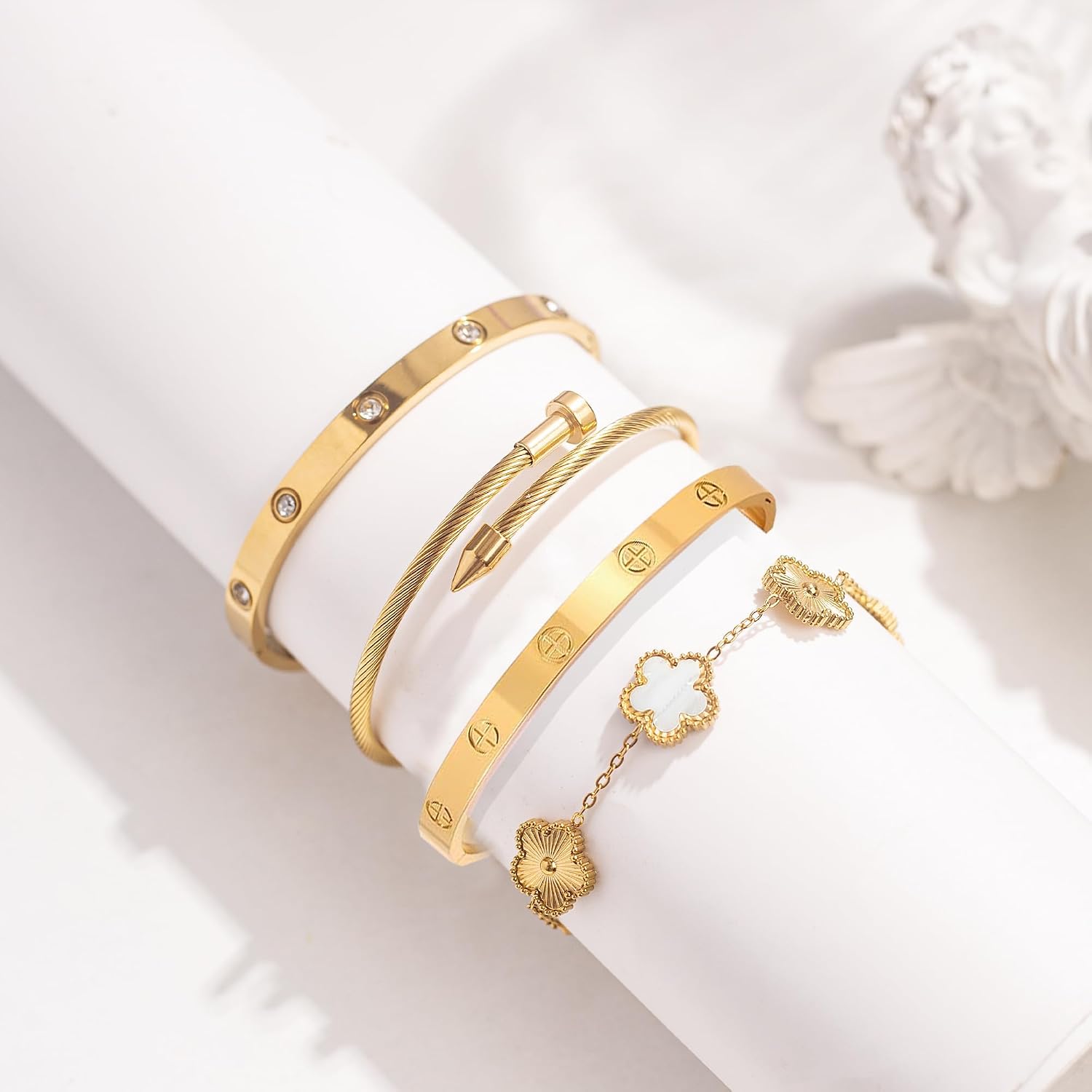 Gold Bracelets for Women-4Sets,18K Gold Plated Bracelet,Stainless Steel Bangle Bracelets Non Tarnish, Gold Bracelet Set Trendy Jewelry,Christmas Valentines Birthday Gifts for Girlfriend