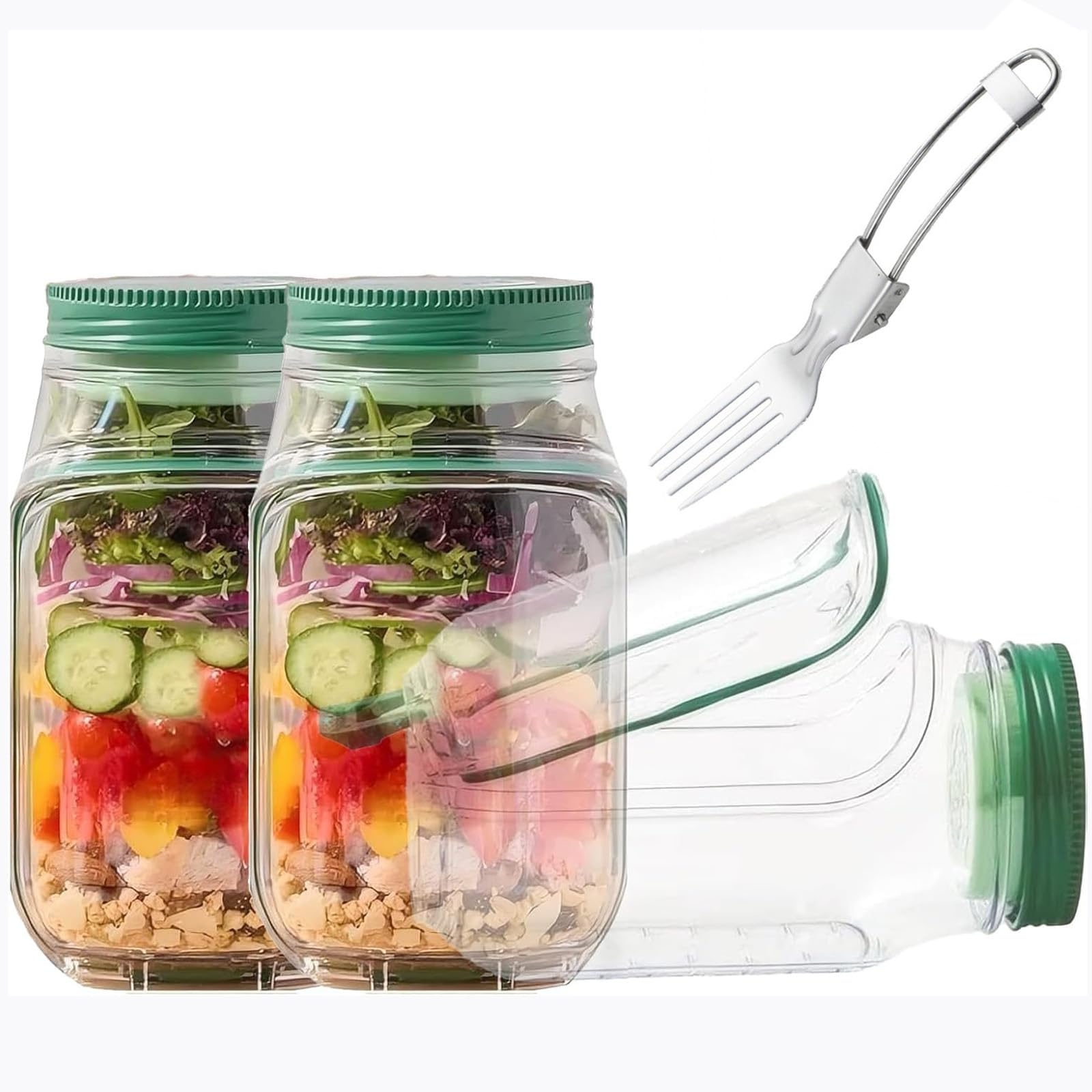 Hufhnwso Green Salad Jar With Side Opening, 2 Pack 1000Ml Portable Salad Pod - Vertical Layering, Leakproof Meal Prep Container With Removable Bowl Lid For Lunch & Fruit