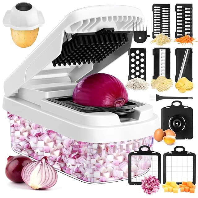 Vegetable Chopper 12-in-1 Multifunctional Food Chopper Professional Onion Chopper with 7 Blades Vegetable Cutter with Container for Salad