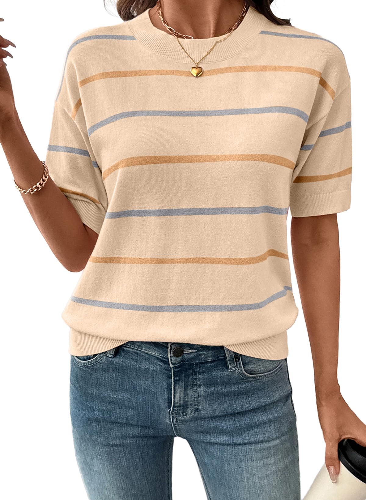 SHEWIN Womens Tops Crewneck Short Sleeve Sweater Pullover Knit Striped Shirt Spring Outfits for Women 2026