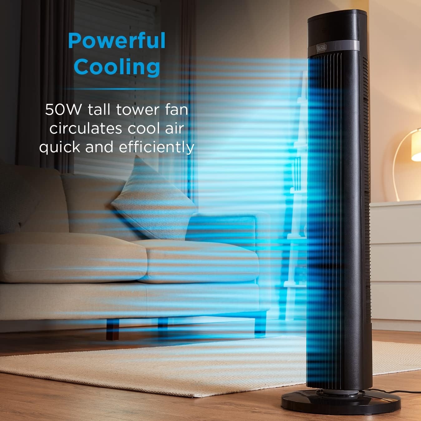 Tower fan circulating cool air in a living room
