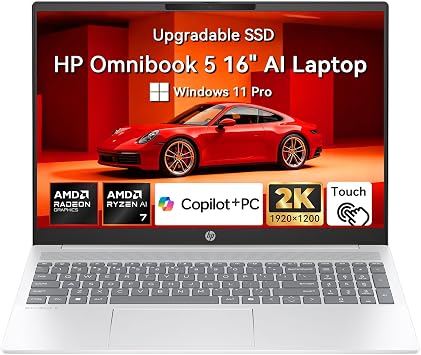 2026 HP OmniBook 5 16 Inch Laptop, 16" 2K IPS Touchscreen Business Laptop Computer Copilot Plus PC, AMD Ryzen AI 7> i7-1355U, 16GB DDR5+Custom 1TB/2TB SSD,Windows 11 Pro,10-Key Backlit KB, Sliver