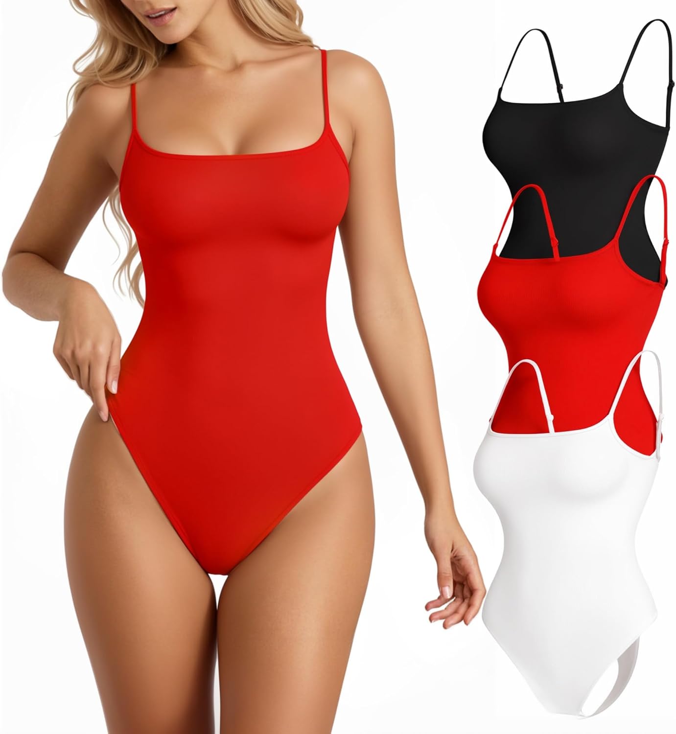 Womens 3 Pack Cami Body Suits Square Neck Thong Bodysuits Adjustable Spaghetti Strap Sexy Tank Tops Y2K Outfit 2026