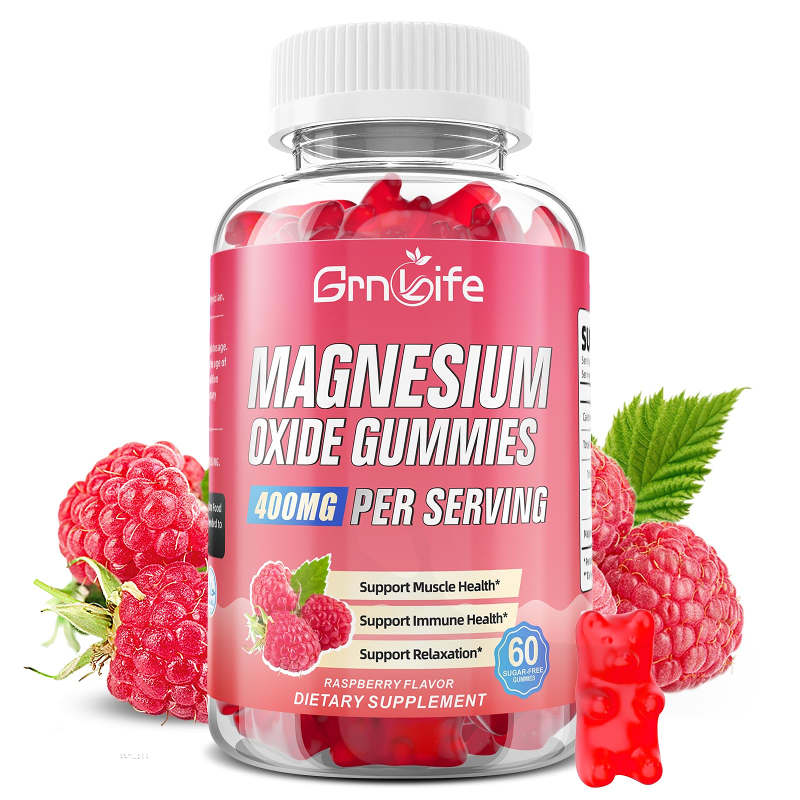 Magnesium Oxide Gummies 400mg, Chewable Magnesium Oxide Supplement for Adults & Kids, Nerve & Muscle Support, Vegan, Raspberry Flavor, 60 Count 60 Count (Pack of 1)